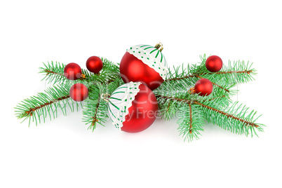 Spruce twigs and red christmas balls isolated on white backgroun