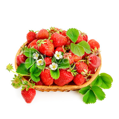 Strawberries in a wicker basket isolated on white background.