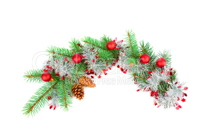 Christmas decoration baubles with branches of fir tree on white