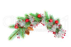 Christmas decoration baubles with branches of fir tree on white