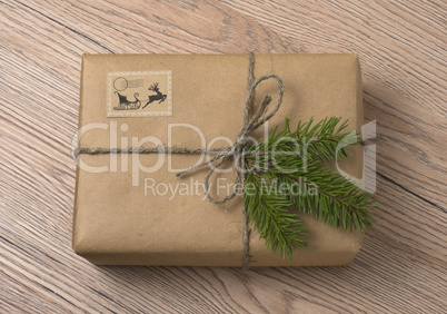 Christmas or New Year gift boxes wrapped in kraft paper with fir