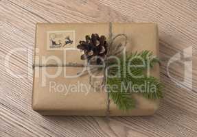 Christmas or New Year gift boxes wrapped in kraft paper with fir