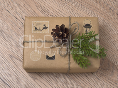 Christmas or New Year gift boxes wrapped in kraft paper with fir