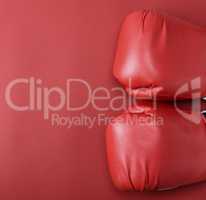pair of red leather boxing gloves on a red background,