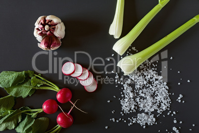 Fresh sliced radish, red garlic, celery and salt