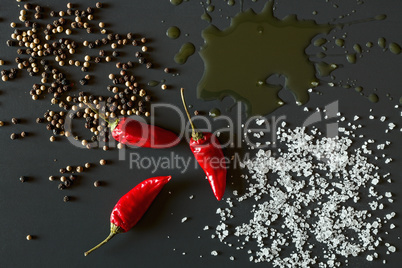 Chili peppers, oil, salt and pepper over a dark background