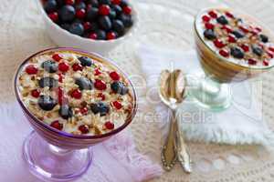 Closeup of two yogurt dessert with berries and almonds