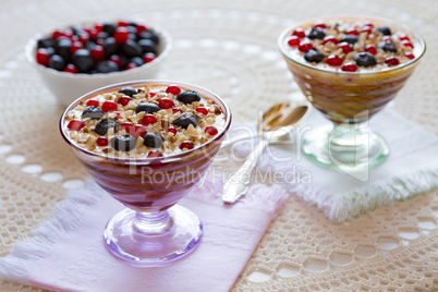 Two yogurt dessert with berries and almonds