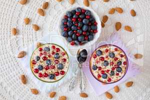Two yogurt dessert with berries and almonds seen from above