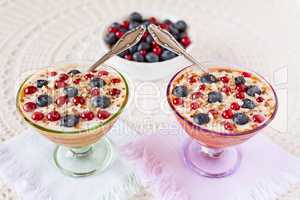 Two yogurt dessert with berries, almonds and spoons