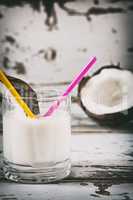 Closeup of coconut milk on a glass