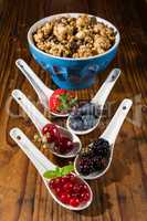 Collection of wild berries on white spoons and a cup of cereals