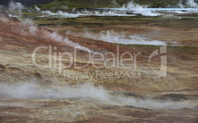 Geothermal Area Covered by Hot Steam, Iceland.