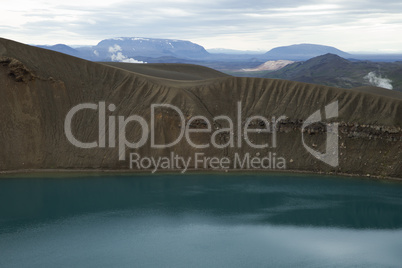 Geothermal Area and a Lake in Volcano Crater, Iceland.