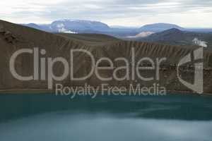 Geothermal Area and a Lake in Volcano Crater, Iceland.