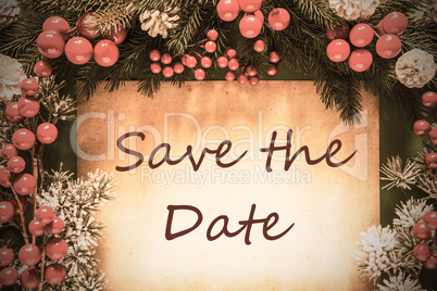 Retro Christmas Decoration, Fir Tree Branch, Text Save The Date