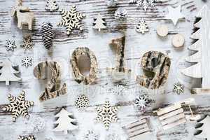 White Christmas Decoration With Text 2019, Wooden Background