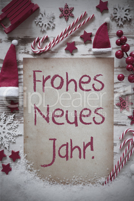 Retro Christmas Flat Lay, Snow, Frohes Neues Means Happy New Year