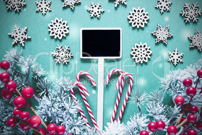 Black Sign With Christmas Decoration,Lights, Frosty Look