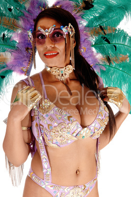 Close up image of carnival dancer woman with big boobs