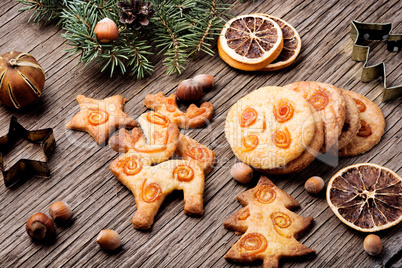 Christmas cookies on wooden table