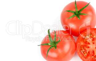 Fresh tomatoes isolated on white background. Free space for text