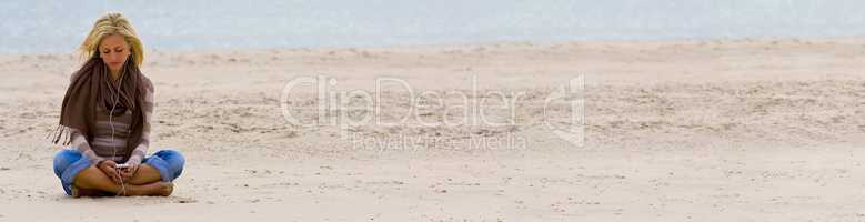 Woman Girl on Beach Listening to Music on Smart Phone