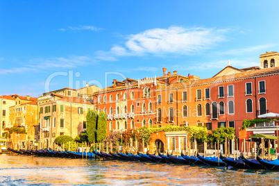 Venice palaces with gardens by the channel and gondolas in front