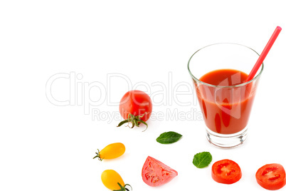 Fresh tomato juice and tomatoes isolated on white background. Fr