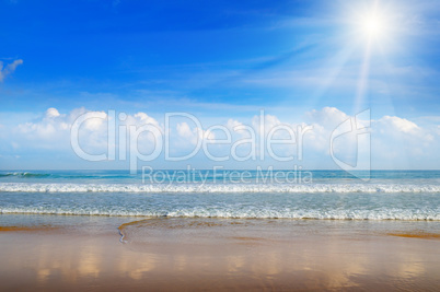 beautiful sea scape and sun on blue sky background