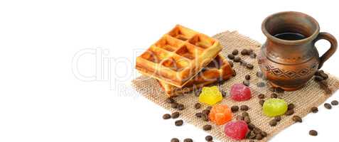 Cup of coffee, waffle and marmalade isolated on white. Free spac