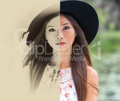 Chinese Asian Young Woman Girl Split Screen Sepia and Color
