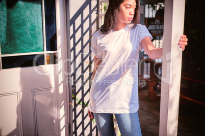 Hipster woman with blank t-shirt for your design