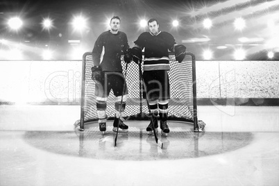 Composite image of ice hockey players standing by goal post