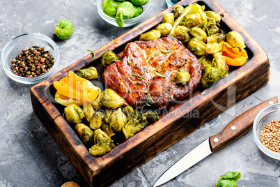 Meat steak with brussels sprouts