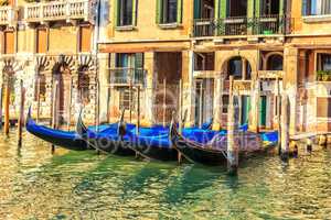 Gondolas moored in Grand Canal in Venice, Italy