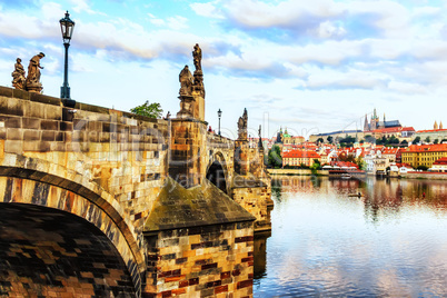 Charles bridges with beautiful statues in Prague, Czech Republic