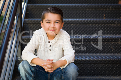 Mixed Race Young Hispanic Caucasian Boy Posing on a Stairway