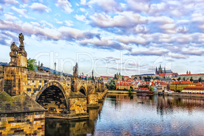 Charles Bridge in details and Lesser Town of Prague sights on th