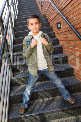 Mixed Race Young Hispanic Caucasian Boy Posing on a Stairway