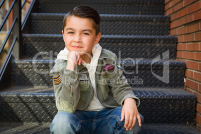 Mixed Race Young Hispanic Caucasian Boy Posing on a Stairway