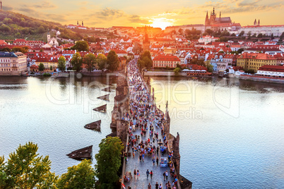 Charles Bridge at sunset, view from Old Town Bridge Tower in Pra