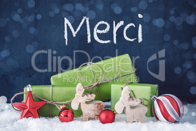 Green Christmas Gifts, Snow, Merci Means Thank You