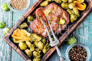 Meat steak with brussels sprouts