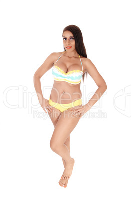 Beautiful woman standing in a bikini and big boobs