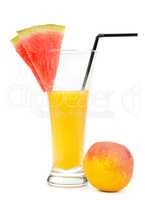 Juice in glass, watermelon and peach isolated on white backgroun