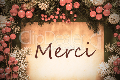 Retro Christmas Decoration, Fir Tree Branch, Merci Means Thank You