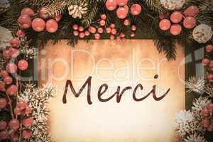 Retro Christmas Decoration, Fir Tree Branch, Merci Means Thank You