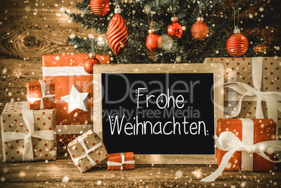 Tree, Gifts, Calligraphy Frohe Weihnachten Means Merry Christmas