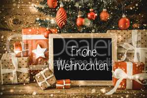 Tree, Gifts, Calligraphy Frohe Weihnachten Means Merry Christmas